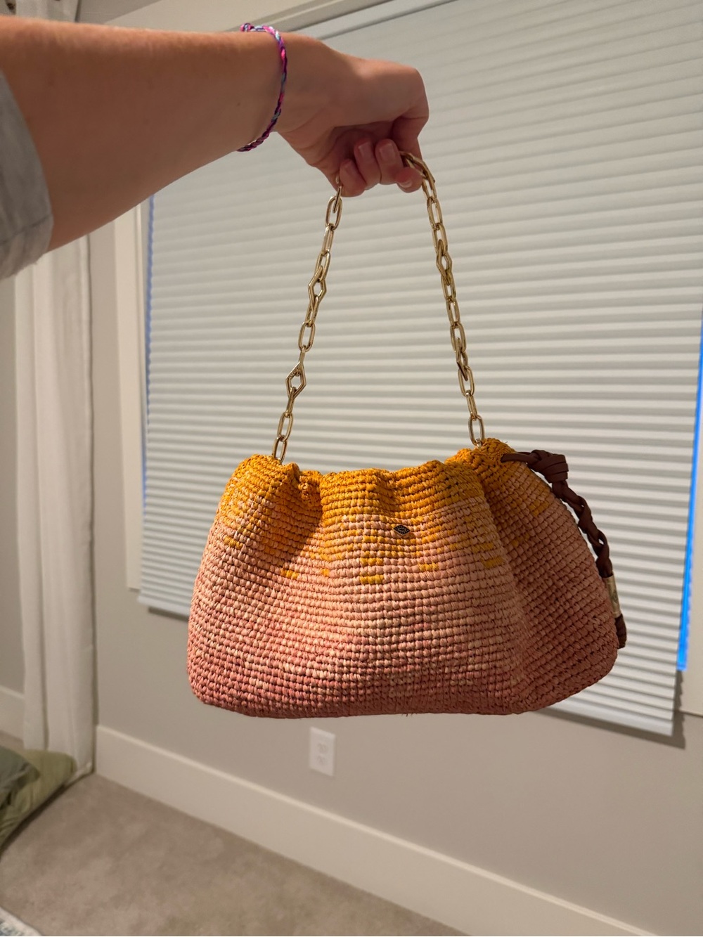 ba&sh Ombre Yellow to Pink Woven Shoulder Bag with Gold Chain